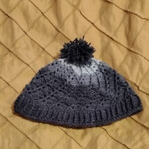 Handmade Crocheted Women's Size Small Blue Acrylic Beanie With Pom Pom